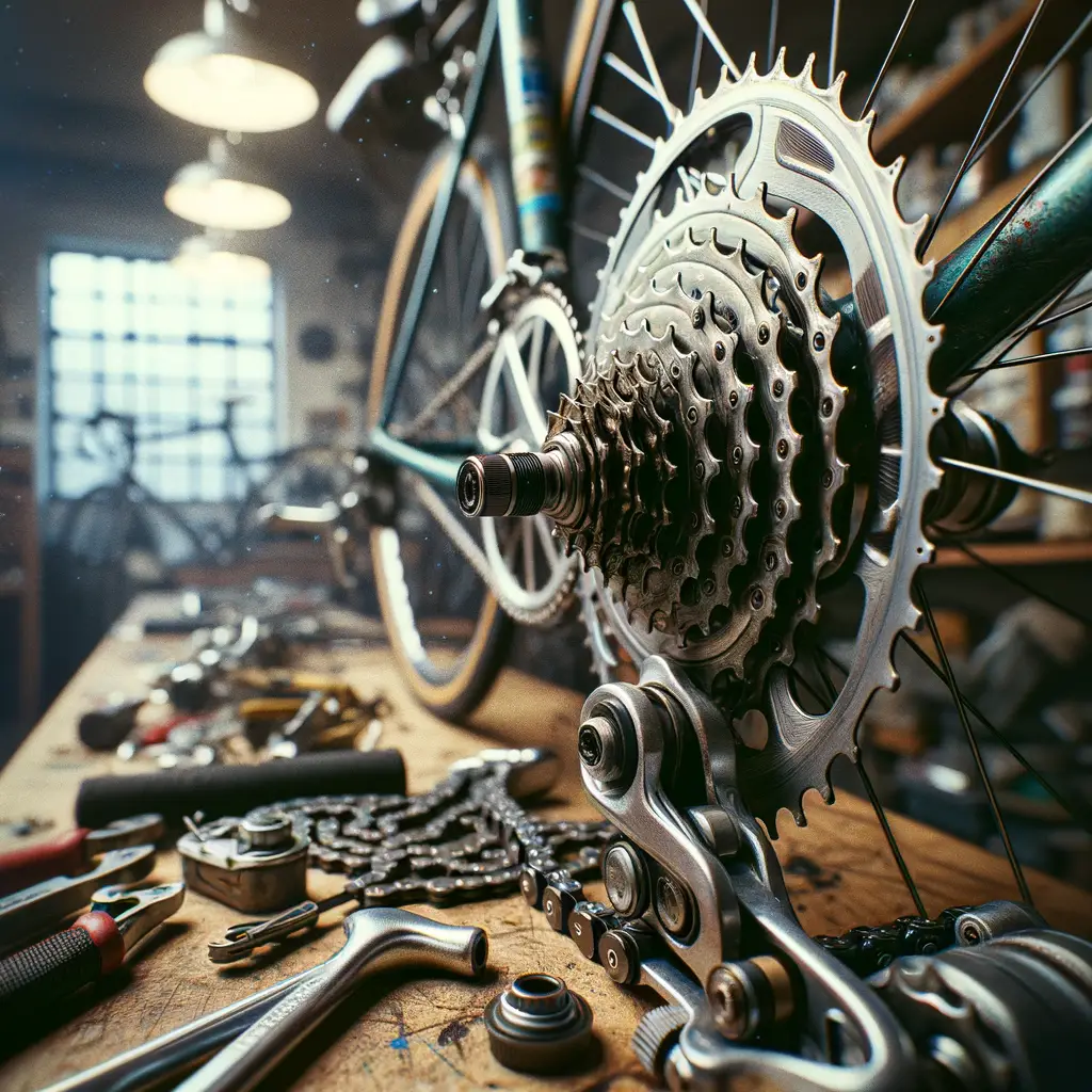 Modern bicycle shop interior with retail display and repair workspace