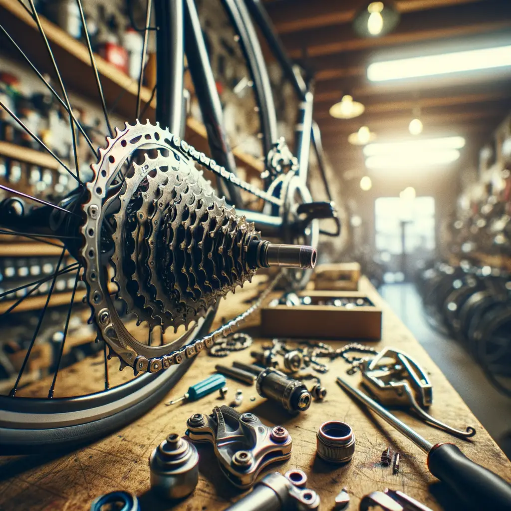 Bicycle shop repair workspace with seasonal spring activity and customer engagement