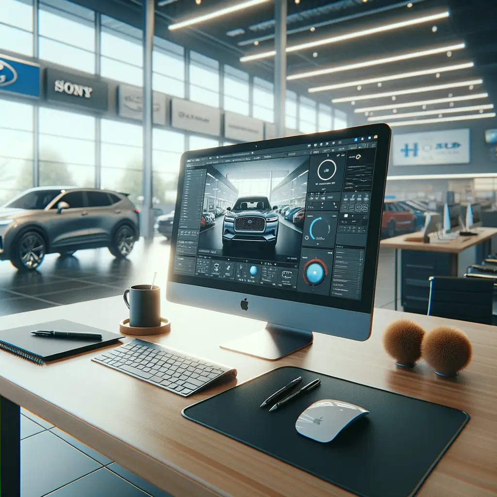 Modern automotive showroom interior with sleek vehicle displays and professional lighting