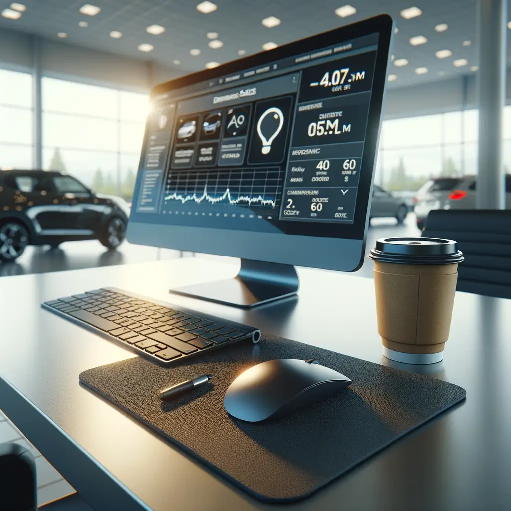 Car dealership BDC representative managing social media inquiries on mobile device with vehicle inventory in background