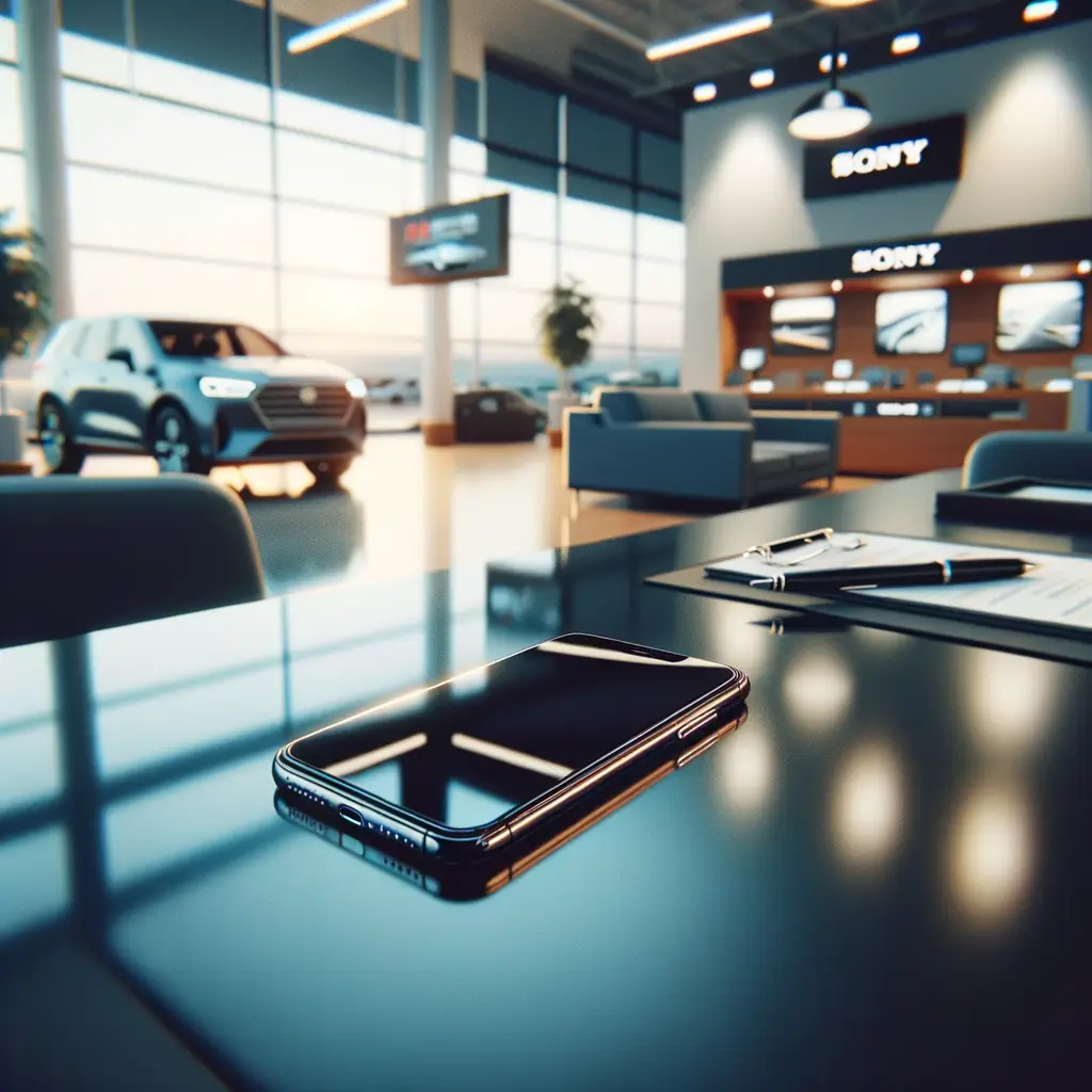 Automotive service advisor reviewing customer feedback on digital tablet in modern dealership service bay