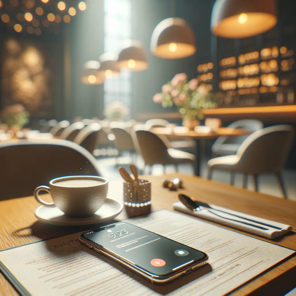 Restaurant host managing Instagram inquiries on tablet with dining room in background
