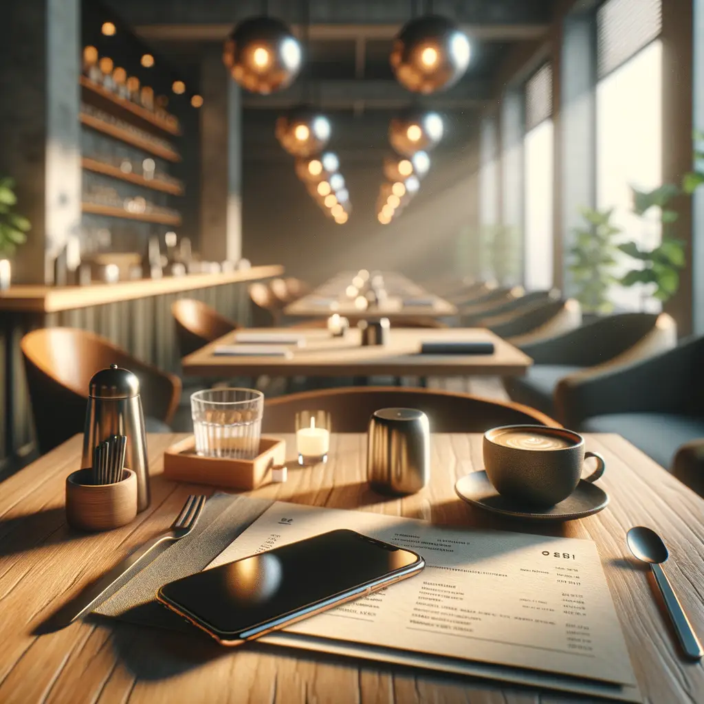 Modern upscale restaurant interior with elegant dining space and warm ambient lighting